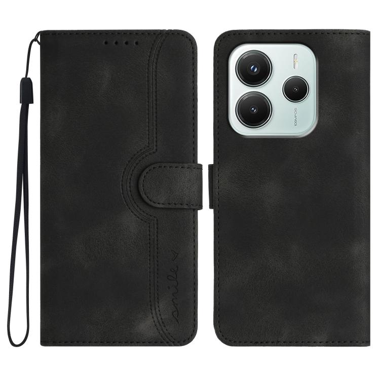 Black heart-pattern leather wallet phone case with wrist strap and front flip cover