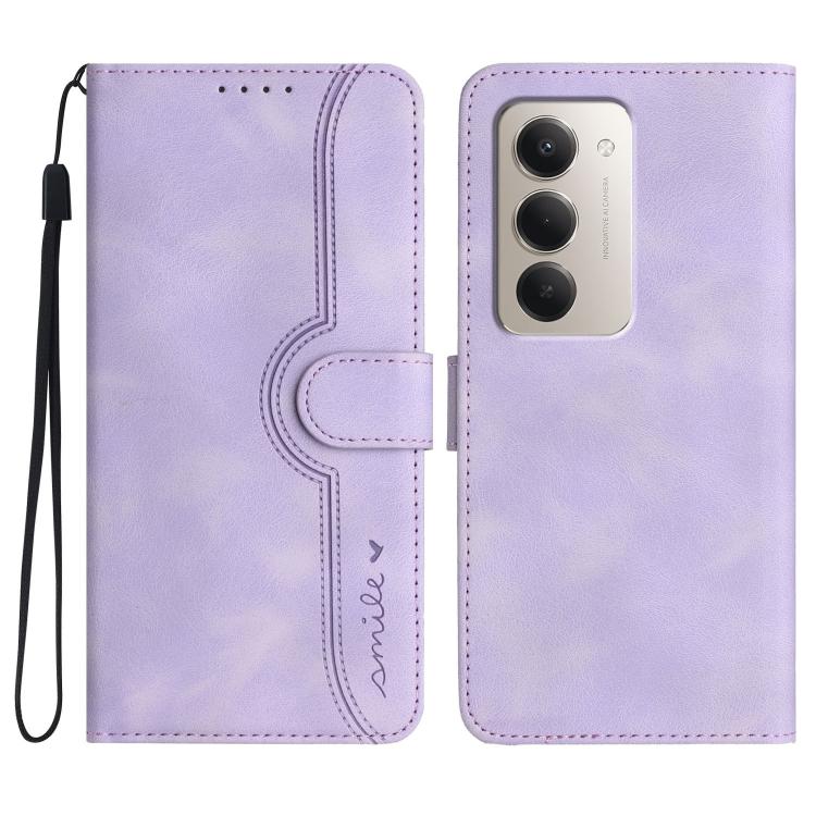 Purple heart-pattern faux leather flip phone case with wrist strap and camera cutout.