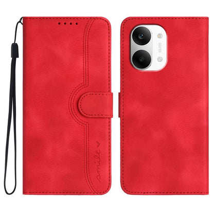 Red leather phone case with heart pattern, folio cover, and wrist strap.