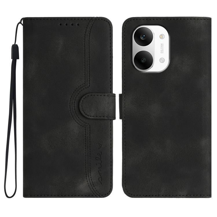 Black leather phone case with heart pattern, folio cover, and wrist strap.