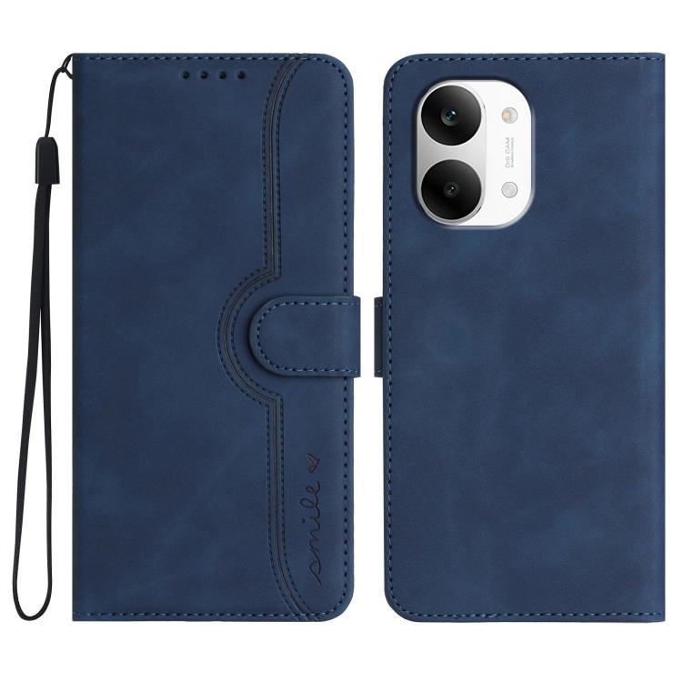 Navy leather phone case with heart pattern, folio cover, and wrist strap.