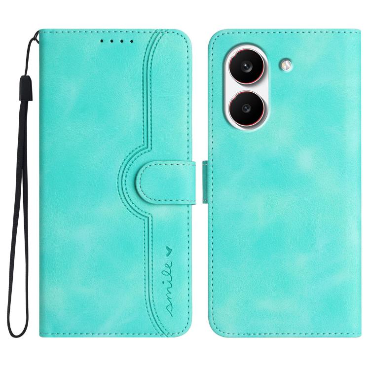 Light blue heart-pattern leather wallet phone case with wrist strap and card slot