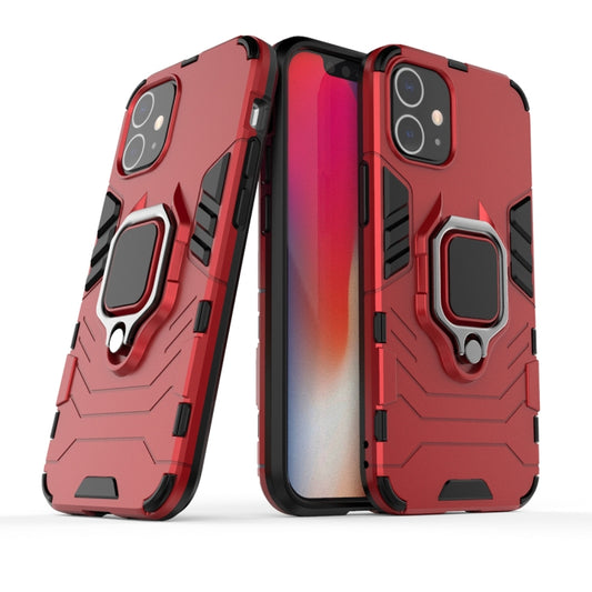 Shockproof phone case with magnetic ring holder, red and black rugged TPU/PC design