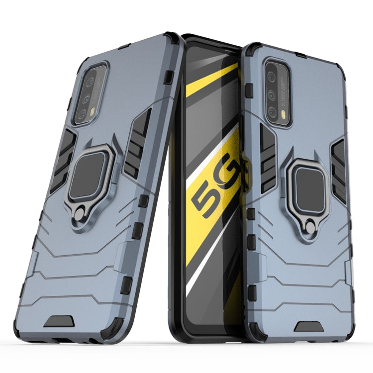 Shockproof TPU phone case with magnetic ring holder, navy armored back and bezel