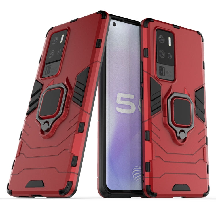 Shockproof TPU phone case with magnetic ring holder, red armored back and bezel