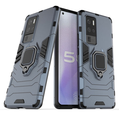 Shockproof TPU phone case with magnetic ring holder, light gray-blue armored back and bezel