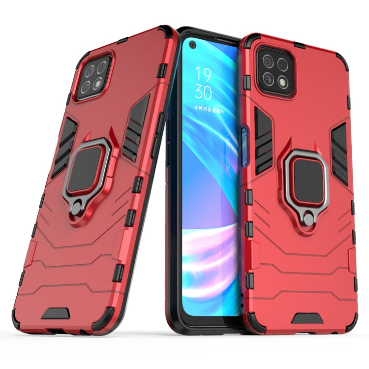 Shockproof TPU phone case with magnetic ring holder, red armored back and bezel