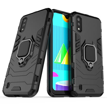 Shockproof protective phone case in black with TPU edge and magnetic ring holder