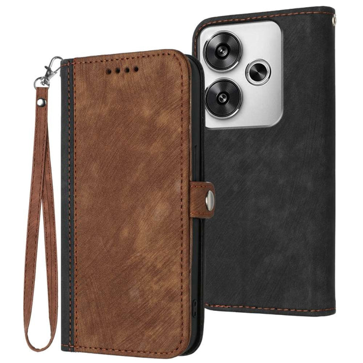 Leather phone case with wrist strap, side buckle, double-fold; brown and black