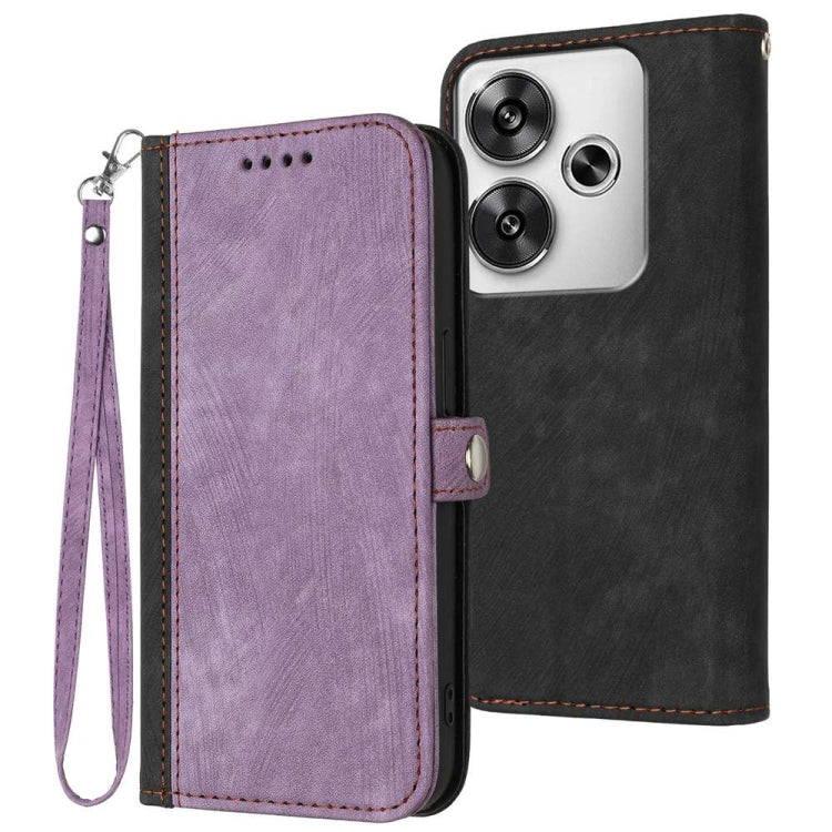 Leather phone case with wrist strap, side buckle, double-fold; purple and black