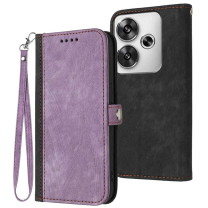 Leather phone case with wrist strap, side buckle, double-fold; purple and black