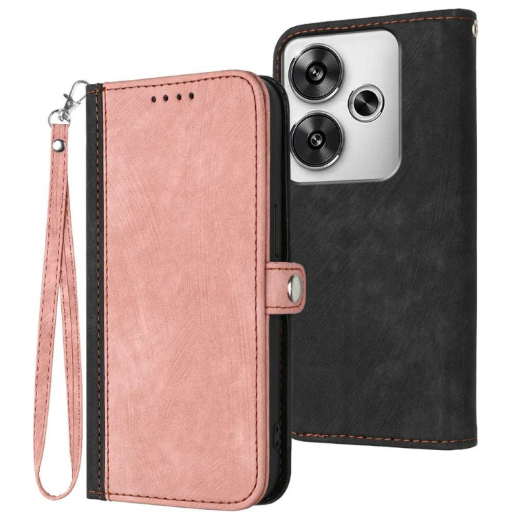 Leather phone case with wrist strap, side buckle, double-fold; pink and black