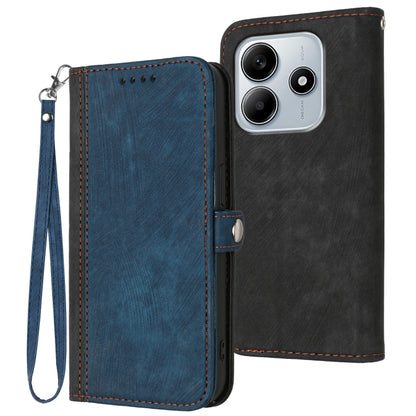 Blue double-fold leather phone case with side buckle and wrist strap, with cutout holes