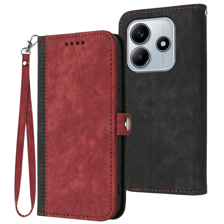 Red double-fold leather phone case with side buckle and wrist strap, with cutout holes