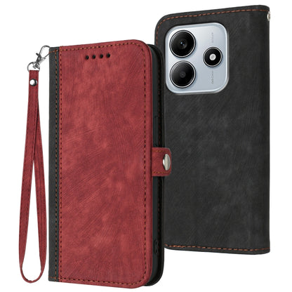 Red double-fold leather phone case with side buckle and wrist strap, with cutout holes