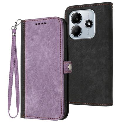 Purple double-fold leather phone case with side buckle and wrist strap, showing front flap