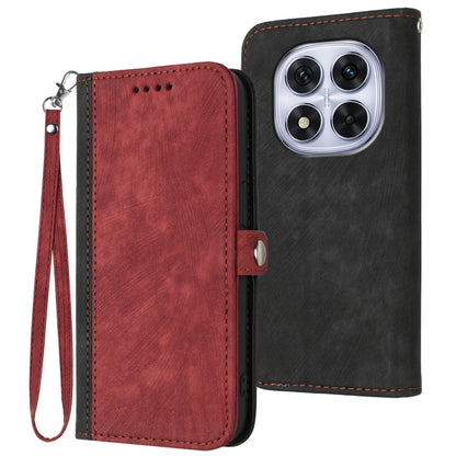 Leather phone case with wrist strap and side buckle, double-fold wallet, burgundy front