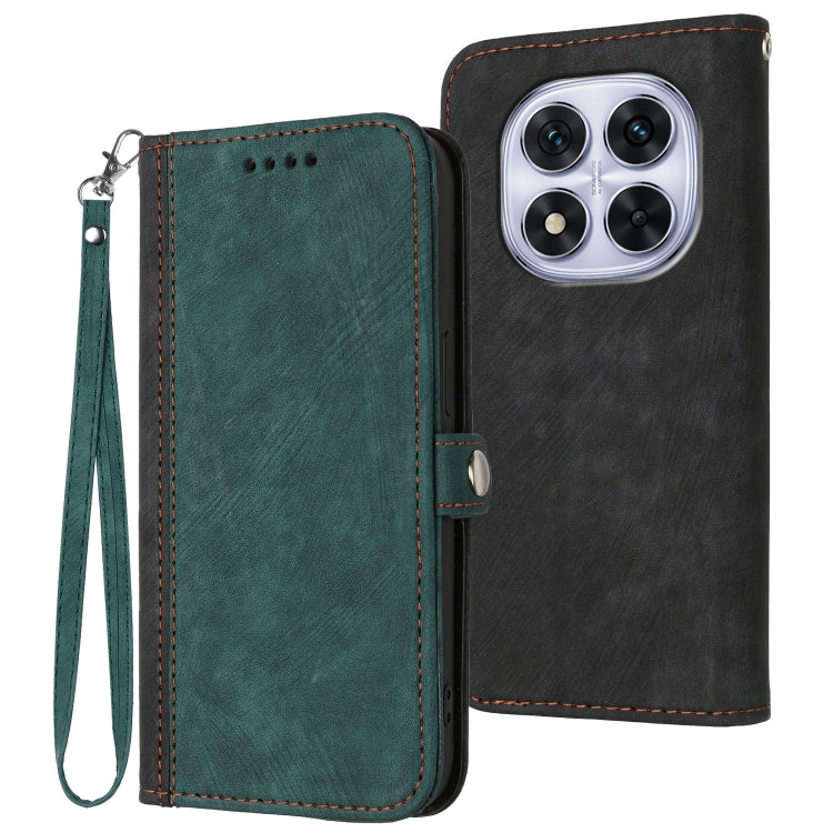 Leather phone case with wrist strap and side buckle, double-fold wallet, dark green front