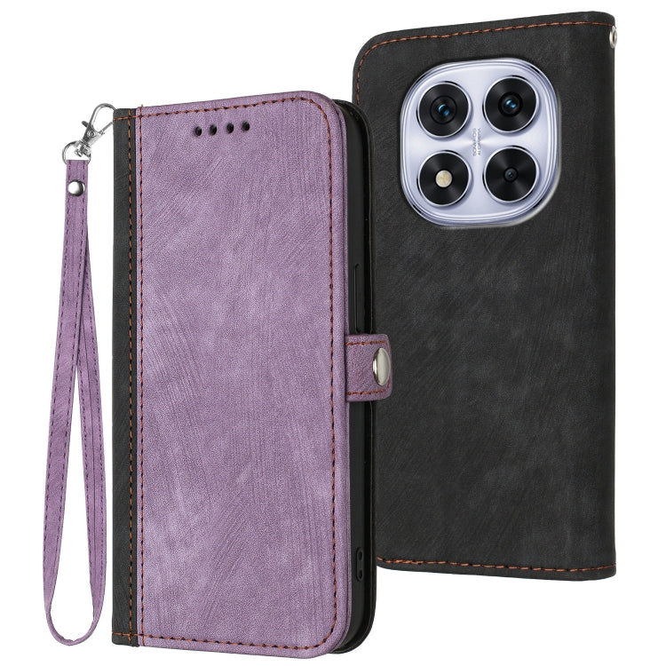 Leather phone case with wrist strap and side buckle, double-fold wallet, purple front