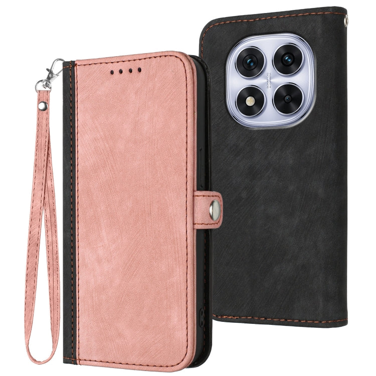 Pink leather double-fold phone case with wrist strap and stitched edges; black back cover visible