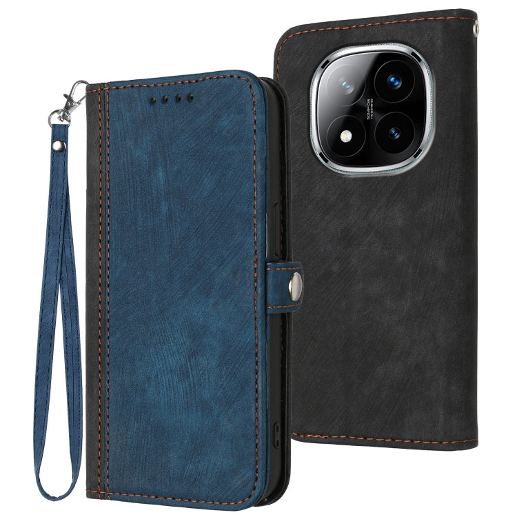 Blue double-fold leather phone case with side buckle and wrist strap, with camera cutouts