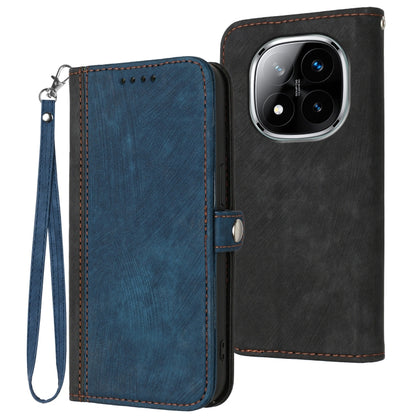 Blue double-fold leather phone case with side buckle and wrist strap, with camera cutouts