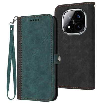 Leather phone case with wrist strap and side buckle, double-fold wallet, dark green front