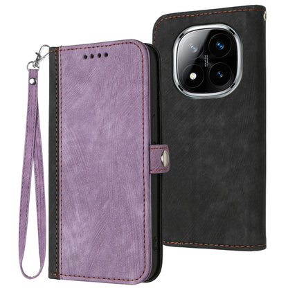 Leather phone case with wrist strap and side buckle, double-fold wallet, purple front