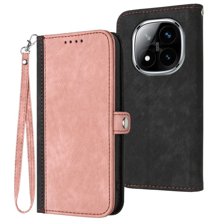 Leather phone case with wrist strap and side buckle, double-fold wallet, pink front