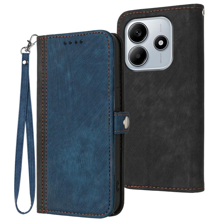 Leather phone wallet case with side buckle, double fold, wrist strap; blue and black.