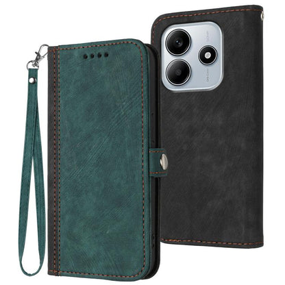Green leather phone wallet case with side buckle, double fold, wrist strap; paired with black.