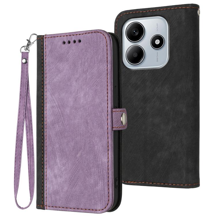 Purple double-fold leather phone case with side buckle and wrist strap, with cutout holes