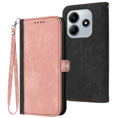 Pink double-fold leather phone case with side buckle and wrist strap, with cutout holes