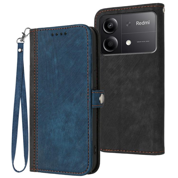 Leather phone case with wrist strap, side buckle, double-fold; blue and black (Redmi visible)