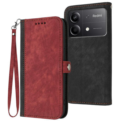 Leather phone case with wrist strap, side buckle, double-fold; red and black