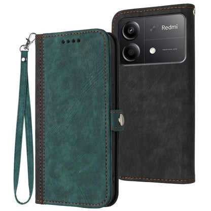 Leather flip phone case with side buckle and wrist strap, dark green front, stitched edges