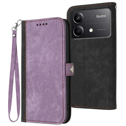 Leather flip phone case with side buckle and wrist strap, purple front, stitched edges