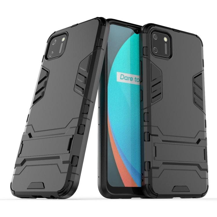 Shockproof protective phone case with built-in holder, black, rugged bumper design.