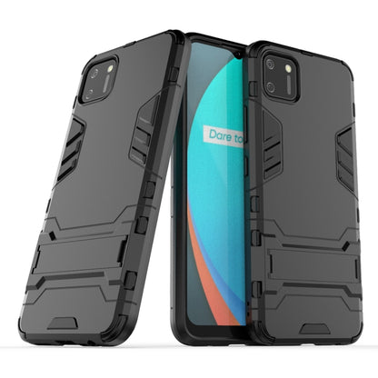 Shockproof protective phone case with built-in holder, black, rugged bumper design.