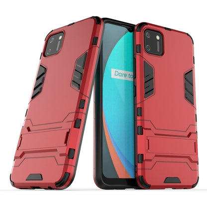 Shockproof protective phone case with built-in holder, red, rugged bumper design.