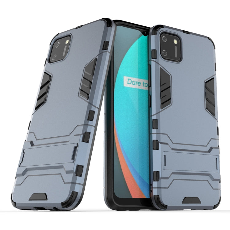 Shockproof protective phone case with built-in holder, light gray, rugged bumper design.