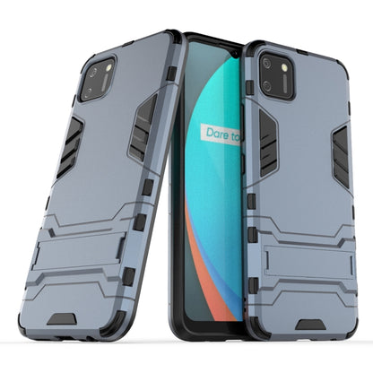 Shockproof protective phone case with built-in holder, light gray, rugged bumper design.