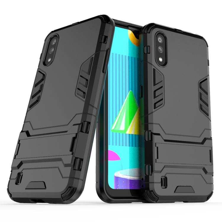 Shockproof protective phone case with built-in holder, black, rugged bumper design.