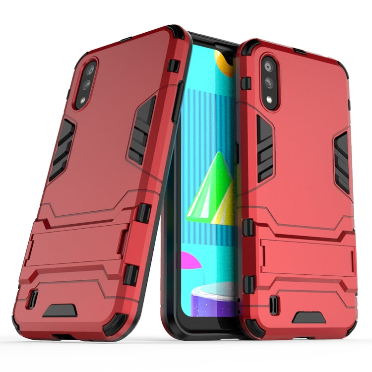 Shockproof protective phone case with built-in holder, red, rugged bumper design.