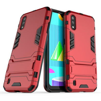 Shockproof protective phone case with built-in holder, red, rugged bumper design.
