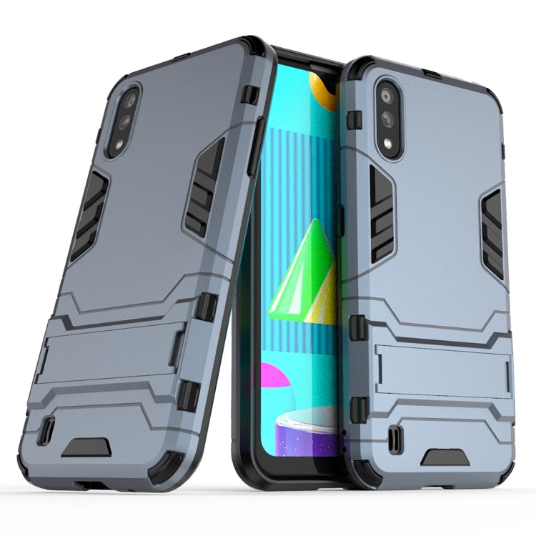 Shockproof protective phone case with built-in holder, light gray, rugged bumper design.