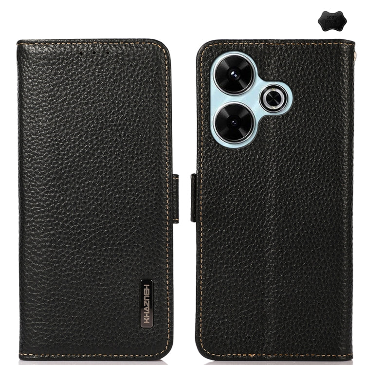 KHAZNEH Side-Magnetic Litchi Genuine Leather RFID Phone Case, For Redmi Note 17 4G Global 169.7mm, For Redmi Note 17 Pro+ 5G Global 163.4mm, For Redmi Note 17 Pro 5G Global 163.5mm, For Redmi K100 Pro Max/Poco F9 Ultra 5G                               ...