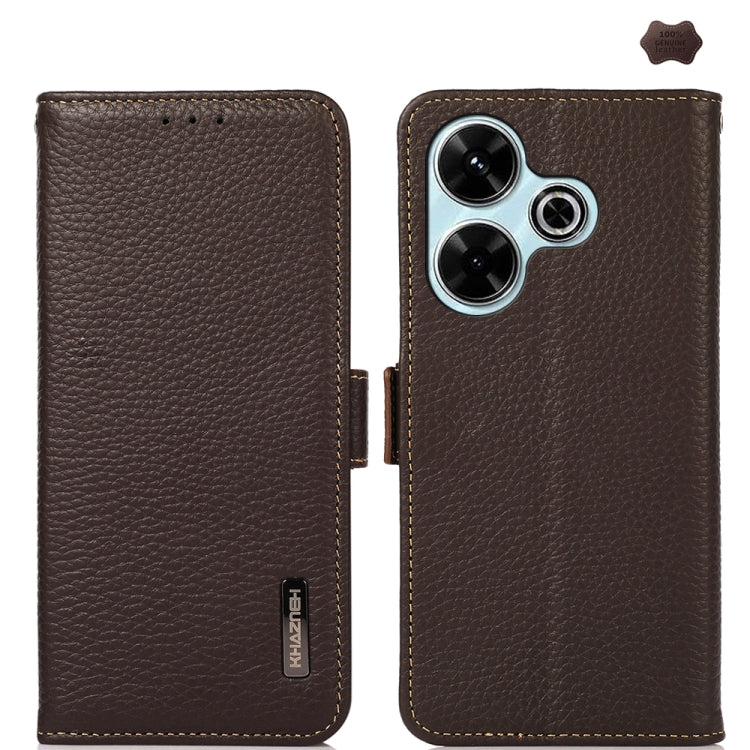 KHAZNEH Side-Magnetic Litchi Genuine Leather RFID Phone Case, For Redmi Note 17 4G Global 169.7mm, For Redmi Note 17 Pro+ 5G Global 163.4mm, For Redmi Note 17 Pro 5G Global 163.5mm, For Redmi K100 Pro Max/Poco F9 Ultra 5G                               ...