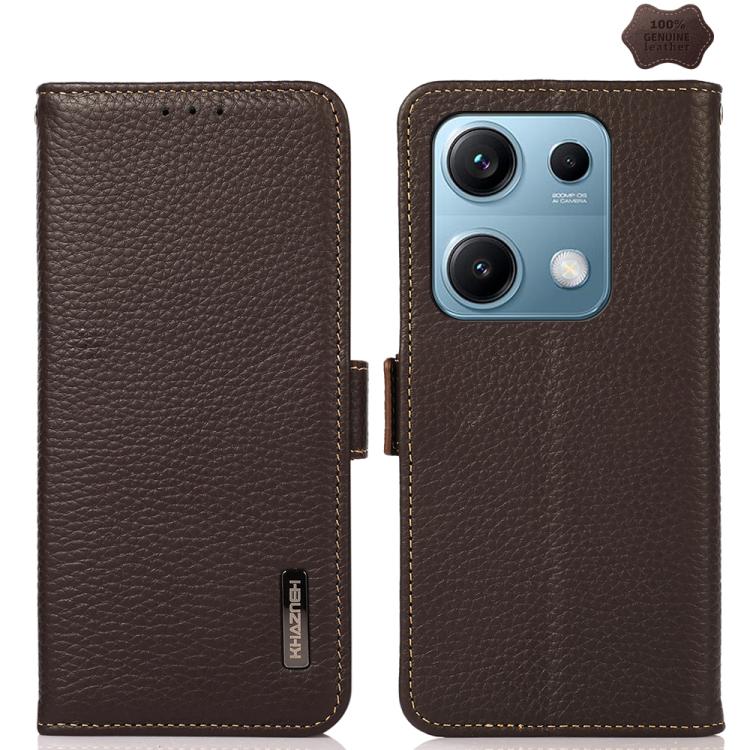 KHAZNEH Side-Magnetic Litchi Genuine Leather RFID Phone Case, For Redmi Note 17 4G Global 169.7mm, For Redmi Note 17 Pro+ 5G Global 163.4mm, For Redmi Note 17 Pro 5G Global 163.5mm, For Redmi K100 Pro Max/Poco F9 Ultra 5G                               ...