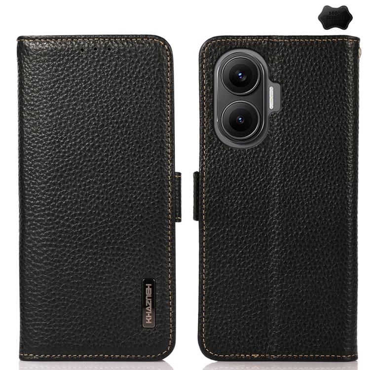 KHAZNEH Side-Magnetic Litchi Genuine Leather RFID Phone Case, For Redmi Note 17 4G Global 169.7mm, For Redmi Note 17 Pro+ 5G Global 163.4mm, For Redmi Note 17 Pro 5G Global 163.5mm, For Redmi K100 Pro Max/Poco F9 Ultra 5G                               ...
